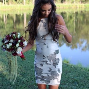 Jovani Silver Pearl Sequin Backless Cocktail Dress